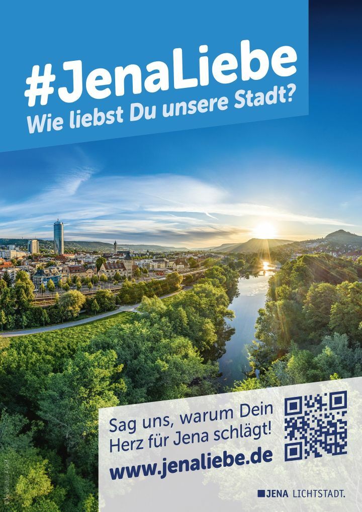 Plakate der Stadtmarken-Kampagne "#JenaLiebe" mit dem Slogan "Wie liebst du unsere Stadt?"