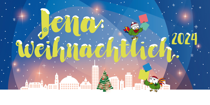 Grafik und Schriftzug "Jena weihnachtlich 2024." mit den Paradiesvögeln Adam und Eva