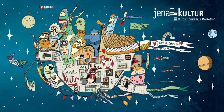 Einrichtungen und Teams von JenaKultur als kleine Monster auf einem Raumschiff visualisiert  ©JenaKultur, skop