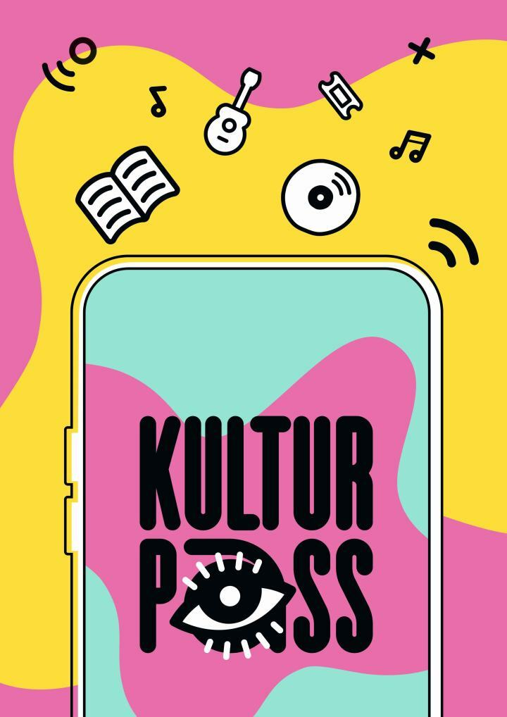 Poster zum KulturPass, Grafik in pastelltönen mit Smartphone und dem Wort "KulturPass"