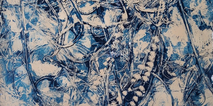 Bild "Wintergrass" in Blau und Ocker mit Gräsern