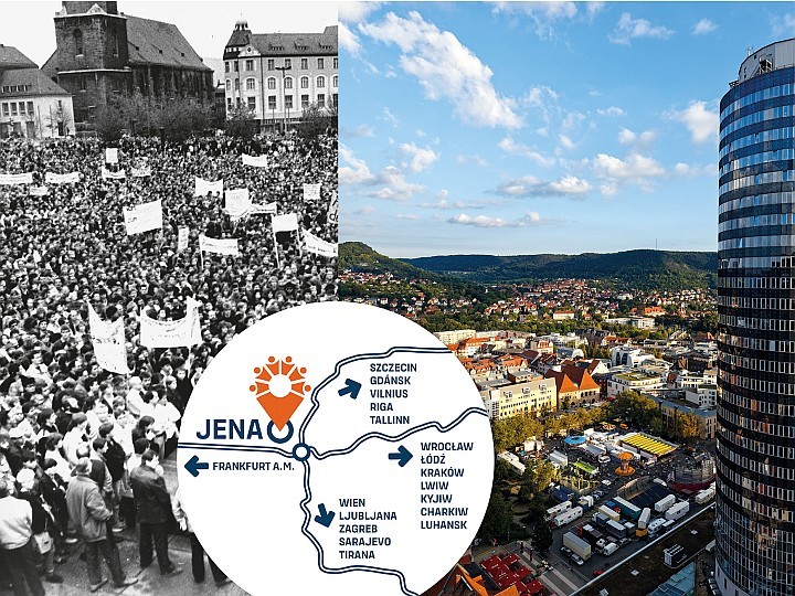 Collage aus einem historischen Foto einer Demonstration und eine moderne Aufnahme von Jena, darüber eine vereinfachte Karte mit Jena im Zentrum und Wegrichtungen zu osteuropäischen Städten und Frankfurt am Main