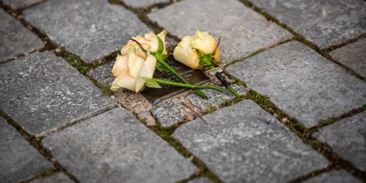 Stolperstein für Clara Rosenthal vor de Villa Rosenthal mit Rosen